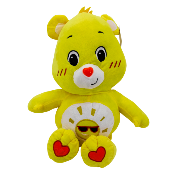 Gelbes Glücksbärchen-Plüschtier mit Sonnen-Bauchmotiv (Sonne mit Sonnenbrille), sitzend ca. 44 cm